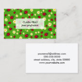 かわいいてんとう虫およびデイジーの花模様の緑 名刺 (正面/裏面)