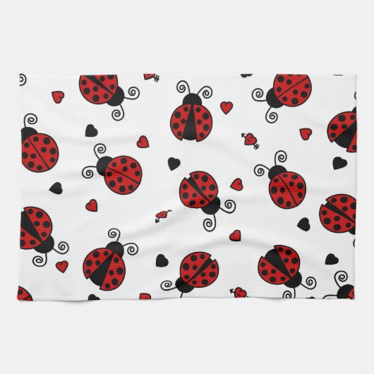 かわいいてんとう虫およびハートパターン キッチンタオル (横)