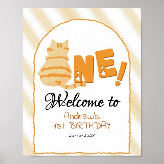 かわいいでぶオレンジ猫の1歳の誕生日ウェルカムサイン ポスター (正面)
