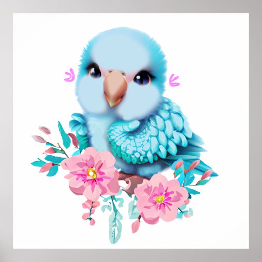 かわいいと愛らしい青い赤ちゃんインコ ポスター (正面)