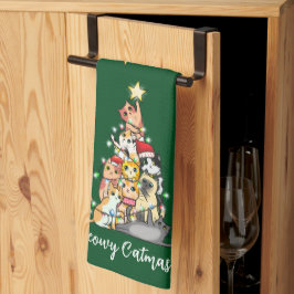 かわいいにゃんにゃんクリスマスツリーの猫カスタムデザイン キッチンタオル