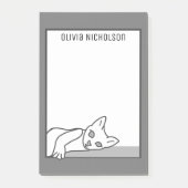 かわいいねこアート 個性的なねこメモ - Suzanne Heinによるオリジナルの線画 - 黒と灰 ポストイット (正面)