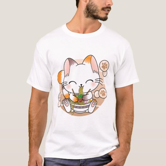 かわいいねこラーメンおたく日本のアニメ猫 Tシャツ (正面)