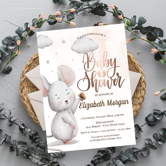 かわいいねずみのストライプのベイビーシャワー 招待状