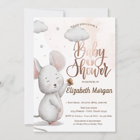 かわいいねずみのストライプのベイビーシャワー 招待状 (正面)