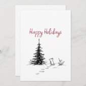 かわいいねずみ & 木のラインアートのクリスマスお祭り シーズンカード (正面/裏面)