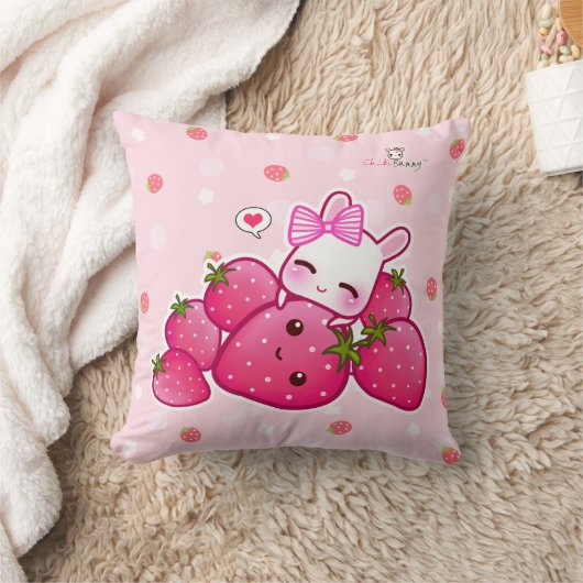 かわいいのいちごが付いているかわいいピンクのバニー クッション (ブランケット)