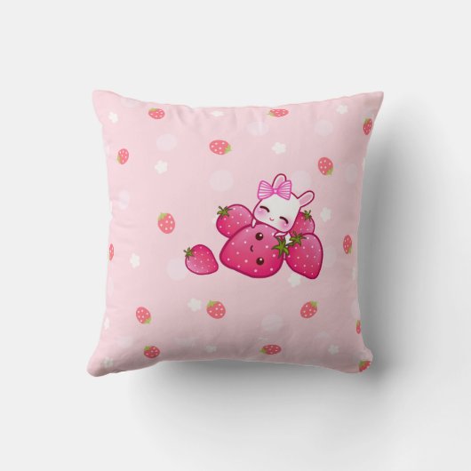 かわいいのいちごが付いているかわいいピンクのバニー クッション (裏面)