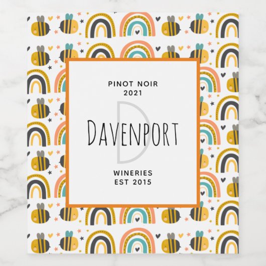 かわいいのまわりにと虹のパターンワイナリー ワインラベル (シングルラベル)