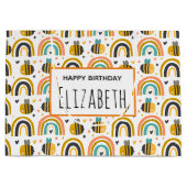 かわいいのまわりにと虹のパターン誕生日 ラージペーパーバッグ (正面)