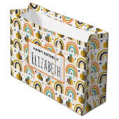 かわいいのまわりにと虹のパターン誕生日 ラージペーパーバッグ (正面アングル)
