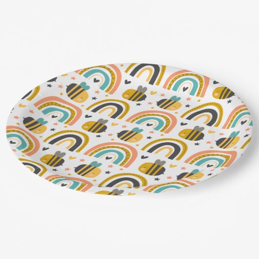 かわいいのまわりにと虹のパターン ペーパープレート (アングル)