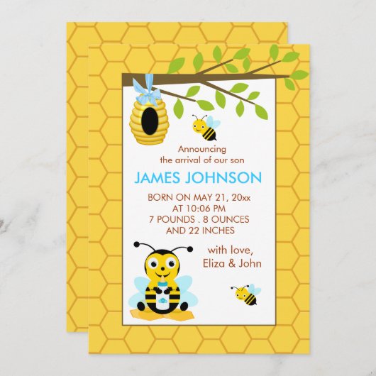 かわいいのまわりにの男の子のベビーの誕生の発表カード 案内状 (正面/裏面)