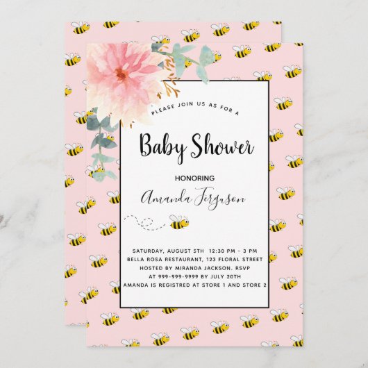 かわいいのまわりにピンクのひまわり赤ちゃんシャワー 招待状 (正面/裏面)