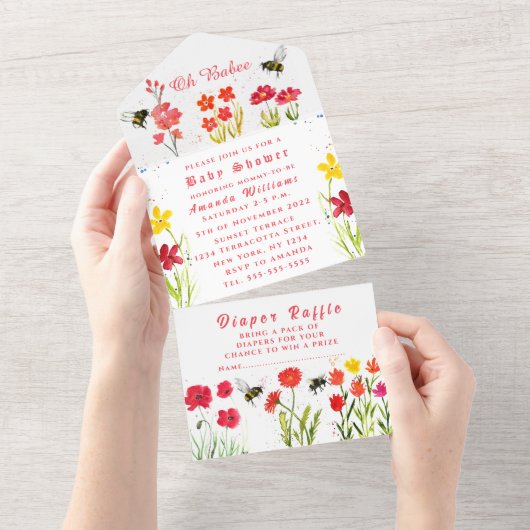 かわいいのまわりにフローラ水色ベビーシャワー オールインワン招待状 (貼ってはがせる)