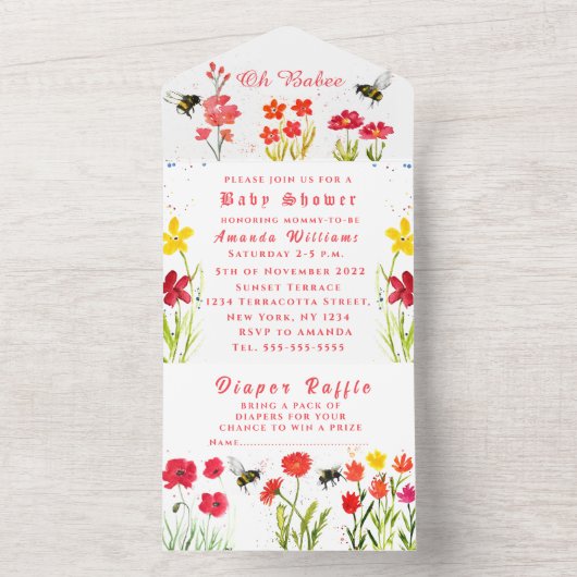 かわいいのまわりにフローラ水色ベビーシャワー オールインワン招待状 (内側)