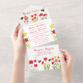 かわいいのまわりにフローラ水色ベビーシャワー オールインワン招待状