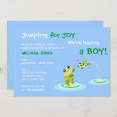 かわいいのカエルは喜びのためにジャンプ青い男の子ベビーシャワー 招待状 (正面/裏面)