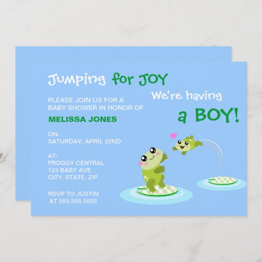 かわいいのカエルは喜びのためにジャンプ青い男の子ベビーシャワー 招待状 (正面/裏面)