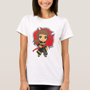 かわいいのカスタマイズ可能なブルネットの消防士の女の子- Tシャツ
