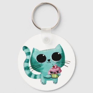 かわいいのカップケーキを持つかわいい子猫猫 キーホルダー