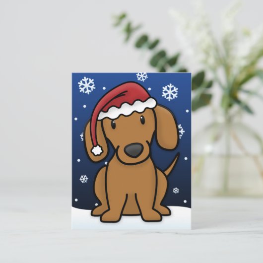 かわいいのダックスフントのクリスマスの郵便はがき(赤い) シーズンポストカード (スタンド正面)