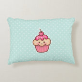 かわいいのピンクのカップケーキおよびかわいく真新しく青い水玉模様 アクセントクッション (正面)