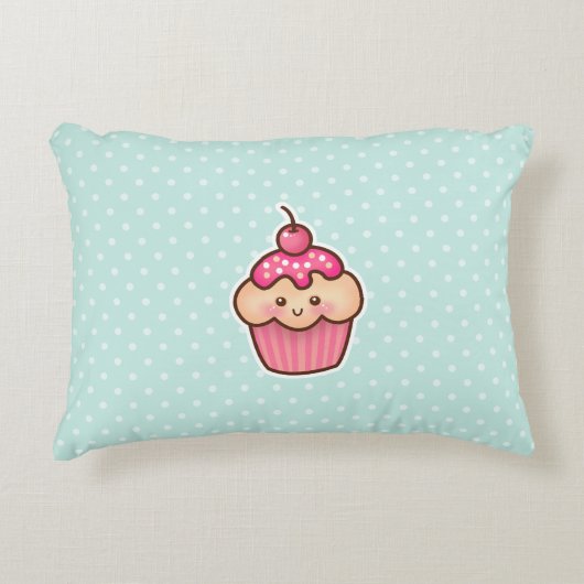 かわいいのピンクのカップケーキおよびかわいく真新しく青い水玉模様 アクセントクッション (正面)