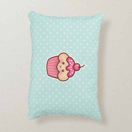 かわいいのピンクのカップケーキおよびかわいく真新しく青い水玉模様 アクセントクッション (裏面(縦))