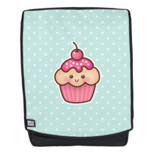かわいいのピンクのカップケーキおよびかわいく真新しく青い水玉模様 バックパック