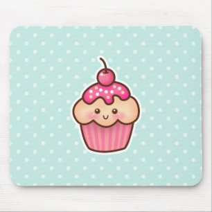かわいいのピンクのカップケーキおよびかわいく真新しく青い水玉模様 マウスパッド