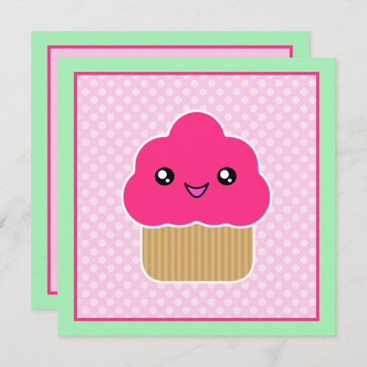 かわいいのピンクのカップケーキのバースデーパーティ招待状 招待状 (正面/裏面)