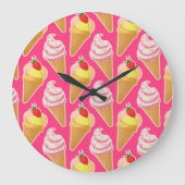 かわいいのピンクの模様にイチゴのアイスクリームを塗ったもの  ラージ壁時計 (正面)