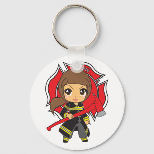 かわいいのブルネットの消防士の女の子 キーホルダー