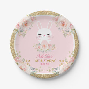 かわいいのベビーのバニー/ピンクの花のウサギの誕生日 ペーパープレート