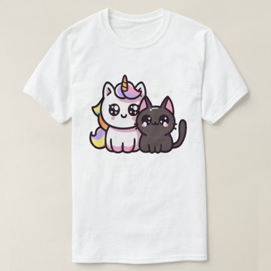 かわいいのユニコーンと黒猫かわいいファンタジー Tシャツ (デザイン正面)
