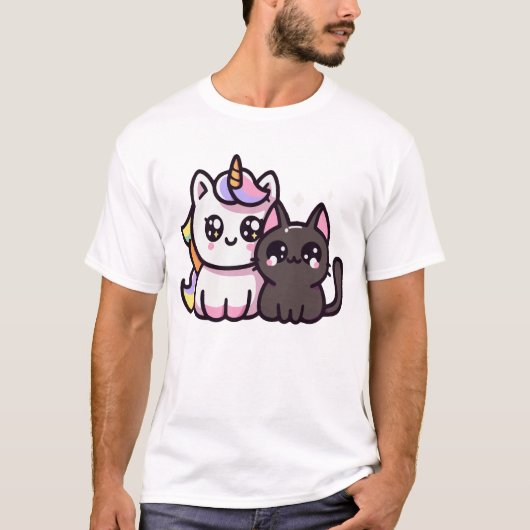 かわいいのユニコーンと黒猫かわいいファンタジー Tシャツ (正面)