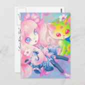 かわいいの子ネコを持つWamonoの日本のな女の子 ポストカード (正面/裏面)