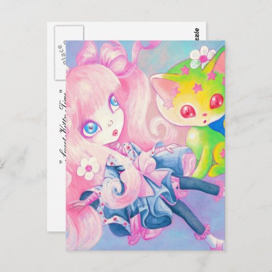 かわいいの子ネコを持つWamonoの日本のな女の子 ポストカード (正面/裏面)
