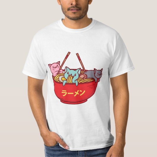 かわいいの日本製アニメ猫のおもしろいで愛らしく日本のなラーメン Tシャツ (正面)