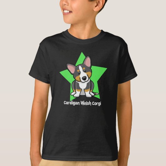 かわいいの星の黒及びタンのカーディガンのウェルシュコーギー Tシャツ (正面)