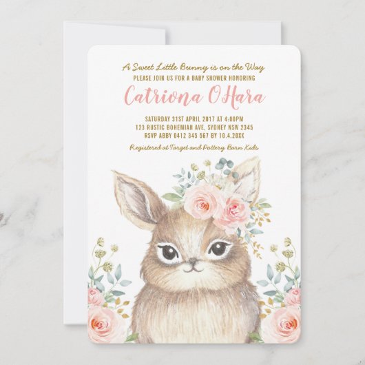 かわいいの森林バニーのピンクの花の女の子のベビーシャワー 招待状 (正面)