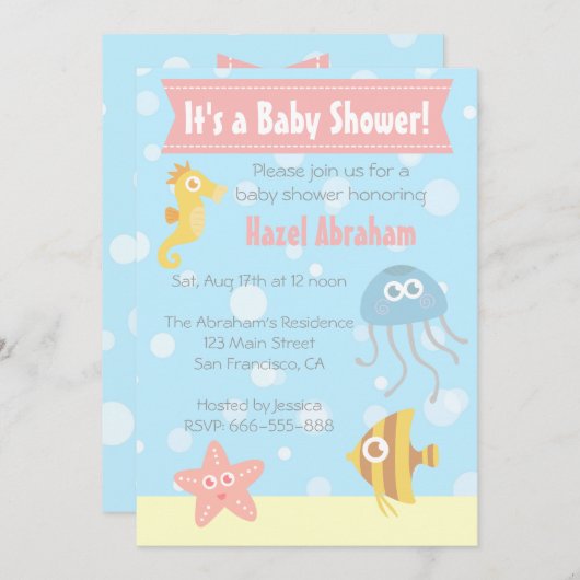 かわいいの水中テーマのベビーシャワーの招待 招待状 (正面/裏面)