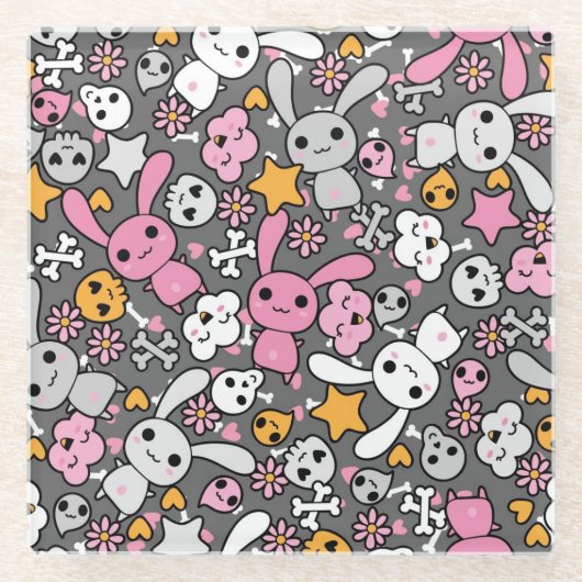かわいいの灰色パターン ガラスコースター (正面)