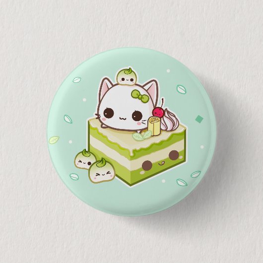 かわいいの緑茶のケーキが付いているかわいいmochiの子猫 缶バッジ (正面)