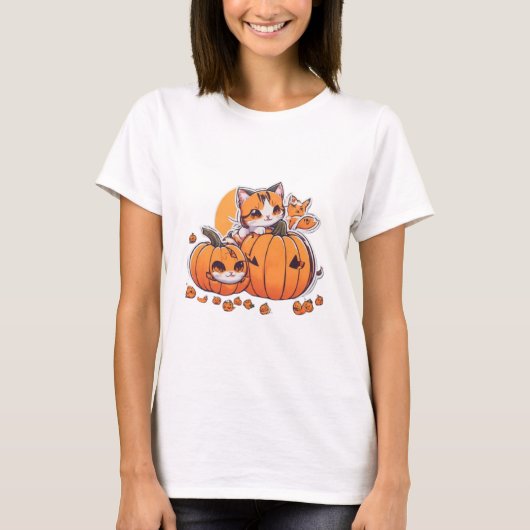 かわいいの遊猫と小さなカボチャ、ハロウィーン Tシャツ (正面)