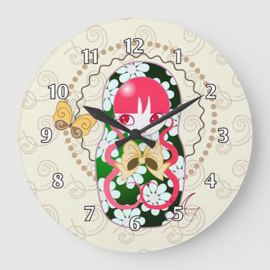 かわいいの金ゴールドの弓および花Matryoshka ラージ壁時計 (正面)