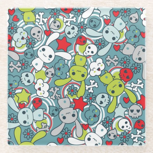 かわいいの青パターン ガラスコースター (正面)