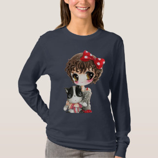 かわいいの黒猫を持つかわいい女の子 Tシャツ