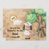 かわいいひつじの女の子の1歳の誕生日招待状 招待状 (正面/裏面)